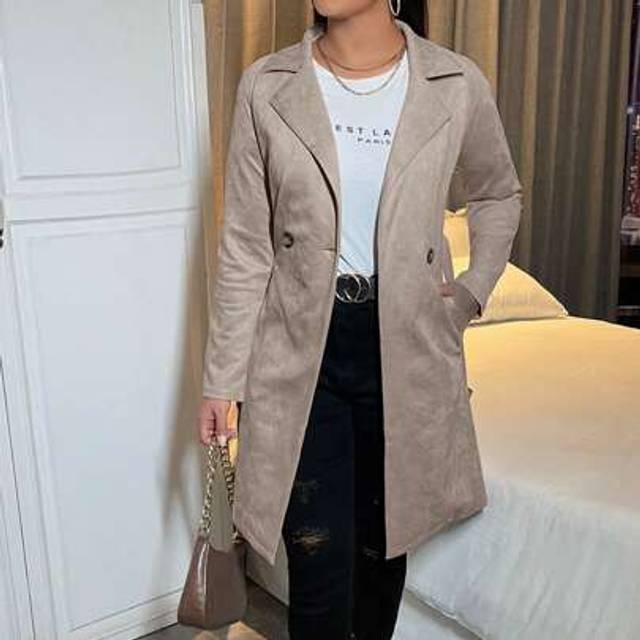 SHEIN Long Double-Breasted Solid Color Casual Coat, Autumn Winter