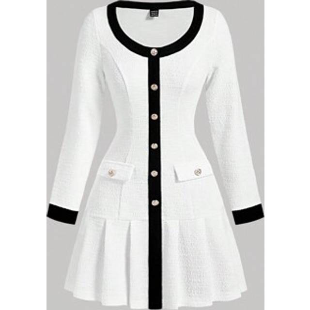 SHEIN Black & White Contrast Pleated Fitted Long Sleeve Dress,Fall/Winter Women Dress,Formal Dress,Business Casual Women,90s Outfit,Homecoming,Korean Fashio
