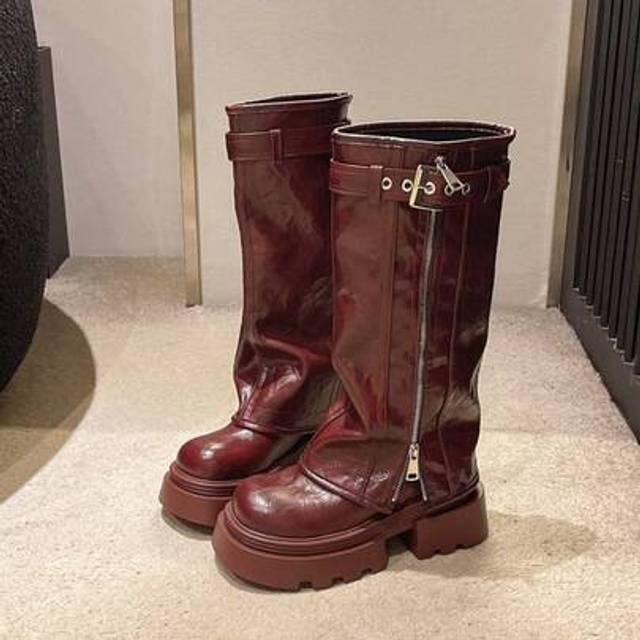 SHEIN 2025 New Niche Wide Leg Boots Women, Thick Sole Tall Boots, Brown High Shaft Retro Western Cowboy Riding Boots, British Style