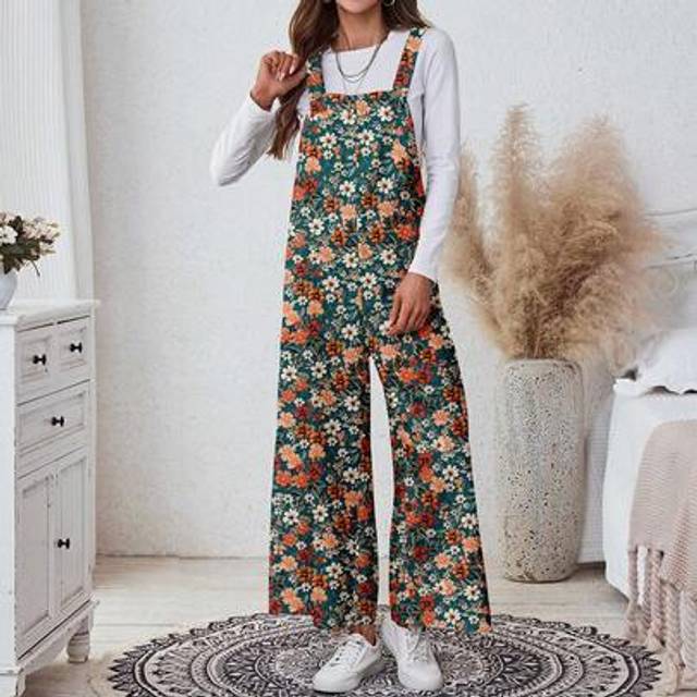 SHEIN Women&#39;s Casual Ditsy Floral Pocket Loose Jumpsuit, Retro Ditsy Ditsy Floral,Retro Floral Print ,Suitable For Going Out, Fall, Country, Vintage, Work O