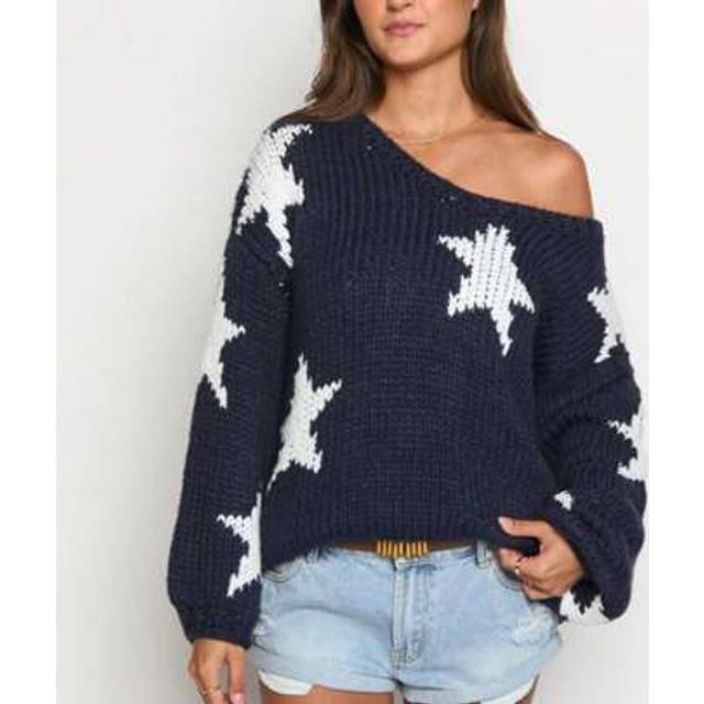 SHEIN Womens Y2K Off One Shoulder Knitted Sweater Loose Fit Casual Star Pattern Ribbed Long Sleeve Sweater Fall Winter Warm Oversize Jumper Sweater For Goin