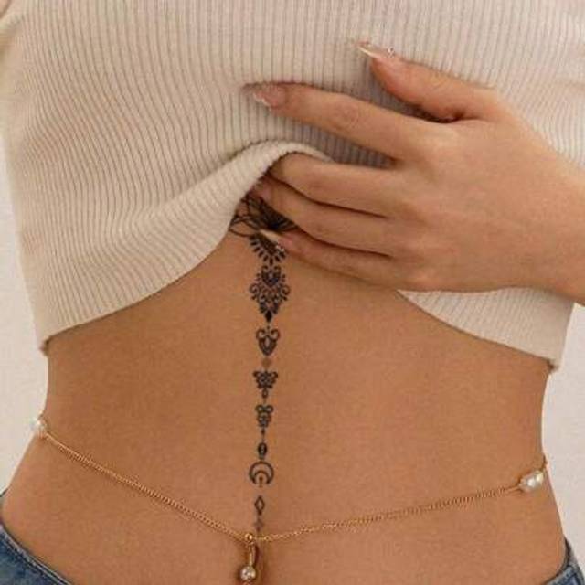 SHEIN 1pc Paper Temporary Tattoo, Sexy Fashion Minimalist Floral Line Art Lotus Flower Design Temporary Tattoo, Chain Print Pattern Fake Tattoo, Multifuncti
