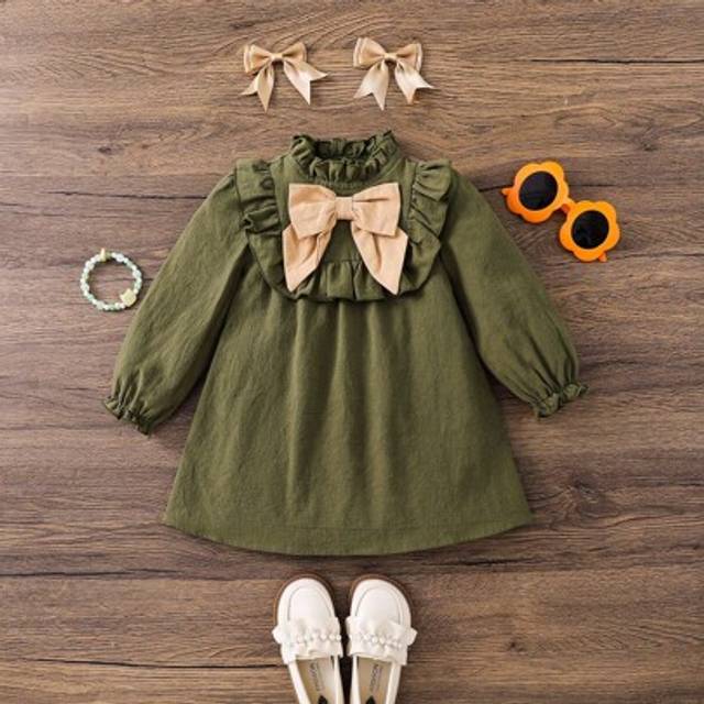 Emery Rose Kids Young Girl 1pc Color-Block Bow Front Ruffle Trim Smock Dress,Great For Casual & Daily Wear & School Daily In Summer & Autumn,Round Neck Puff Sleeve Fi