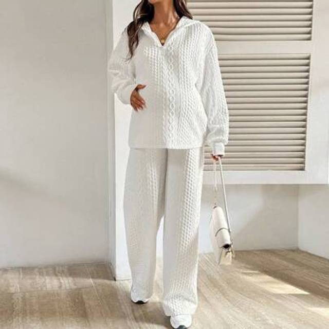 SHEIN 2pcs Maternity Textured Drop Shoulder Zip-Up Hoodie And Pants Casual Outfit Fall Maternity Two Pieces Set Fall Clothes For Women 2 Pieces Lounge Sets