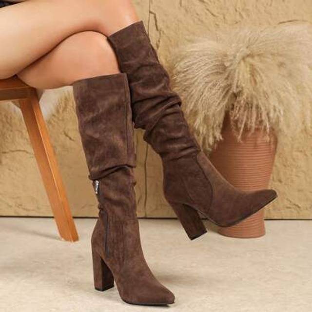 SHEIN European & American Style Solid Color Pleated Thigh High Boots, New Autumn/Winter Pointed Toe Chunky Heel Brown Tall Boots, Western Style Nightclub Zi