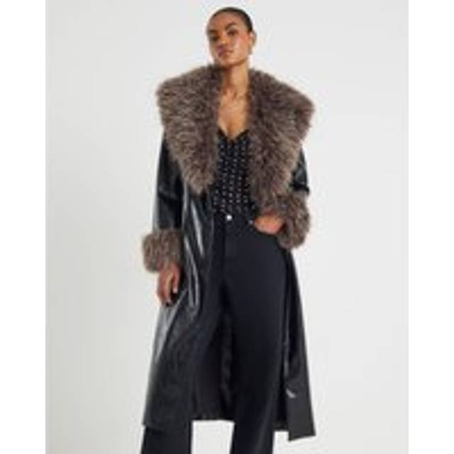 River Island Womens Black Faux Fur Collar Trench Coat - 6