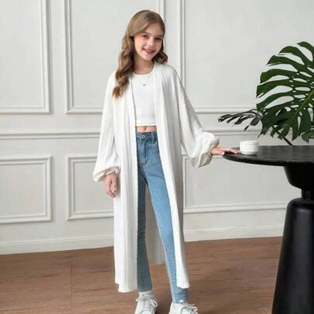 SHEIN Tween Girls Casual Fashion Versatile Knit Wide Ribbed Crew Neck Lantern Sleeve Extra Long Cardigan, Autumn/Winter