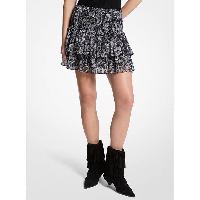 MK Metallic Paisley Print Smocked Georgette Ruffled Skirt - Grey - Michael Kors - XL