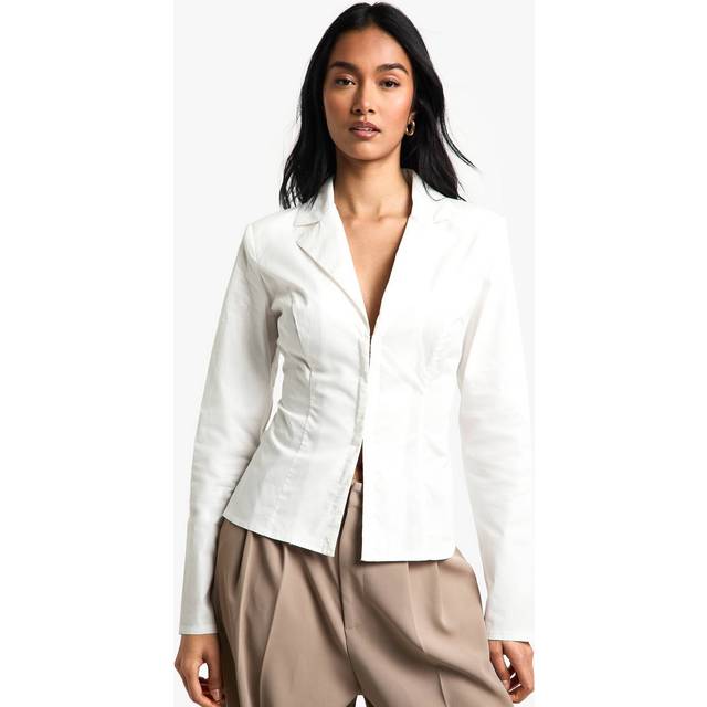 Womens Cotton Poplin Hook & Eye Cinched Shirt - White - 6