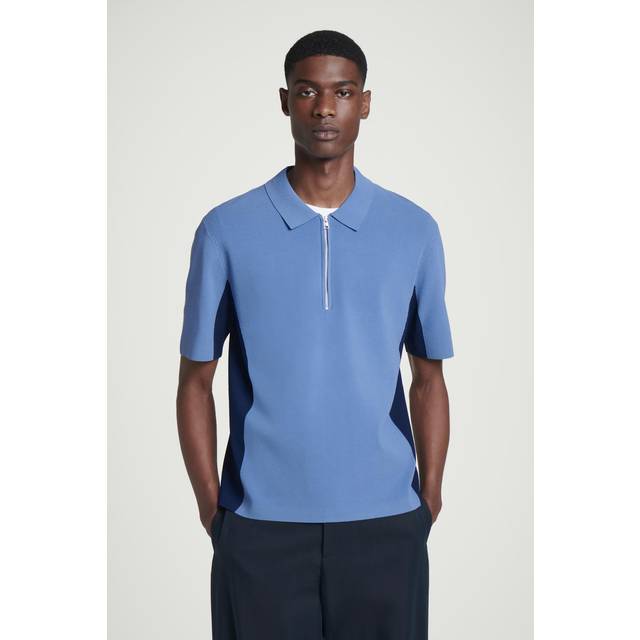 Mesh-Panel Zip-Up Polo Shirt in Navy