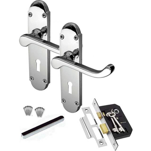 Epsom Design Door Handles Lever Lock in Satin Brushed Chrome Finish with 3 Lever Lock and 2 Keys - Polished Chrome (21.5cm W)