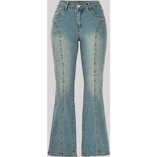 SHEIN Low Waist Studded Vintage Washed Flare Jeans