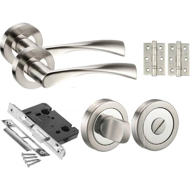 Golden Grace Twist Astrid Style Modern Bathroom Door Handles Set Lever Latch on Round Rose in Duo Chrome Finish with Ball Bearing Hinges and 64mm Tubu - Satin (24cm W)