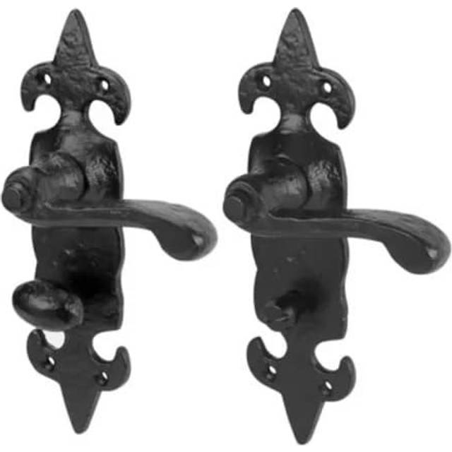 1 Pair Antique Fleur De LYS Bathroom Door Handles in Black Finish with 64mm Mortise Lock - Matte Black (7.5cm W)