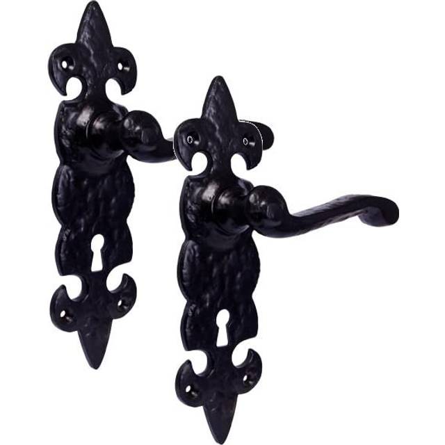 1 Pair Antique Fleur De LYS Bathroom Door Handles in Black Finish with 64mm Mortise Lock - Matte Black (7.5cm W)