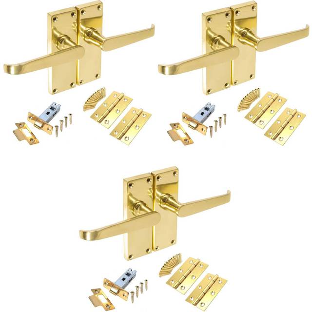 3 Set Victorian Straight Lever Latch Door Handle - Polished Brass (17cm W)