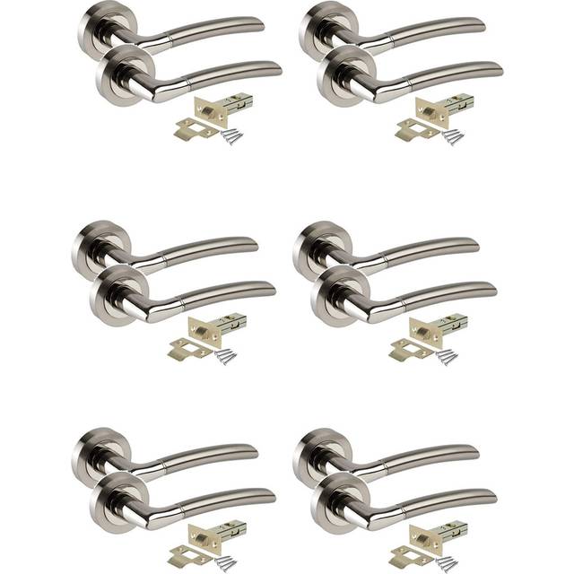 Golden Grace 6 Sets Indiana Style Modern Door Handles Lever on Round Rose in Duo Chrome Finish with 64mm Tubular Latch - Satin (11.5cm W)