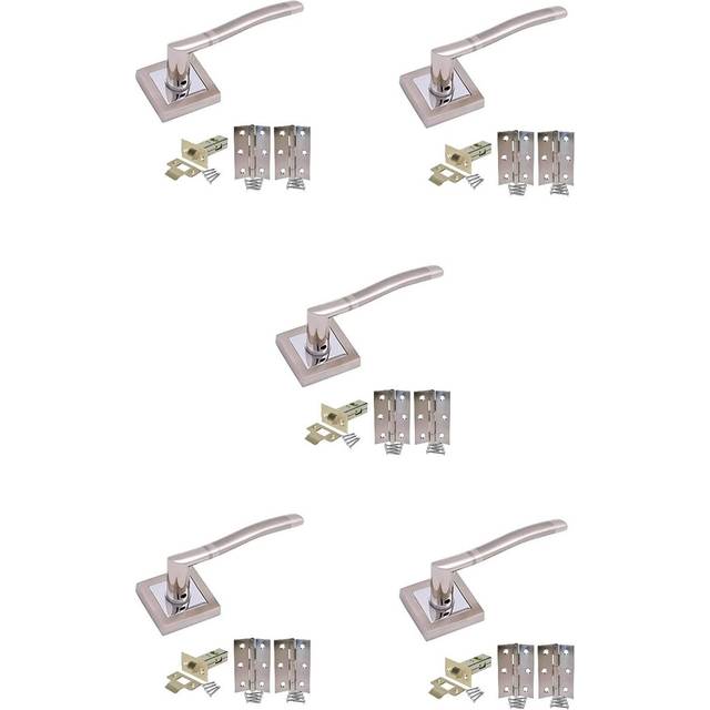 Golden Grace 5 Sets Select Design Lever Door Handle on Square Rose with Hinges & Latches - Satin (14cm W)