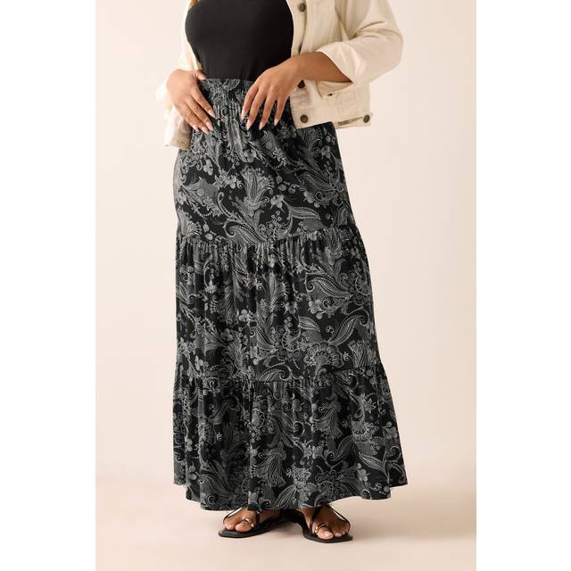 Yours Plus Size Black Paisley Tiered Maxi Skirt Size 20