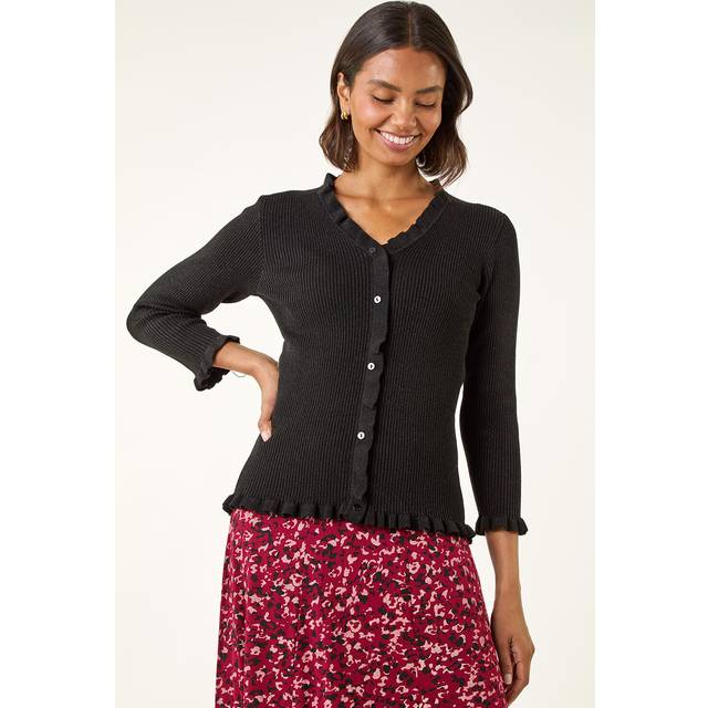 Roman V-Neck Ruffle Knit In Black - 10