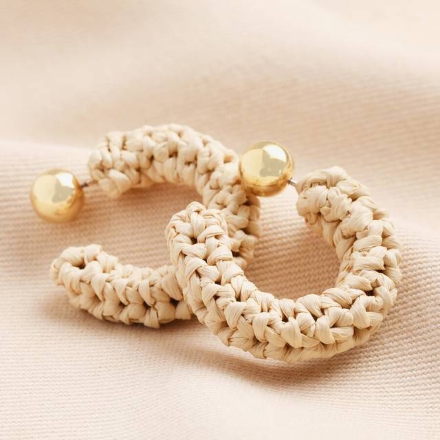 Beige Rattan Hoop Earrings with Ball Backs - beige/gold - one size