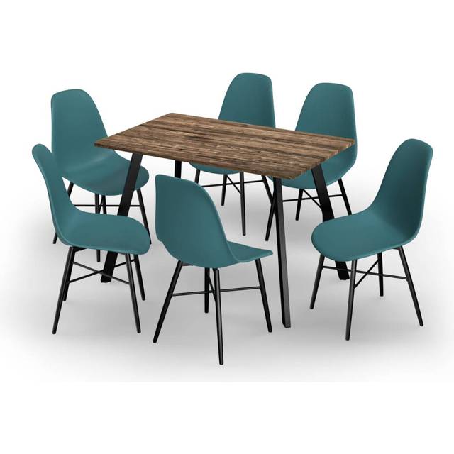 Urbn-Living Urbnliving 110Cm Round Dining Table & 6 Tulip Chairs Set - Rustic Oak Table & Ocean Chair - One Size