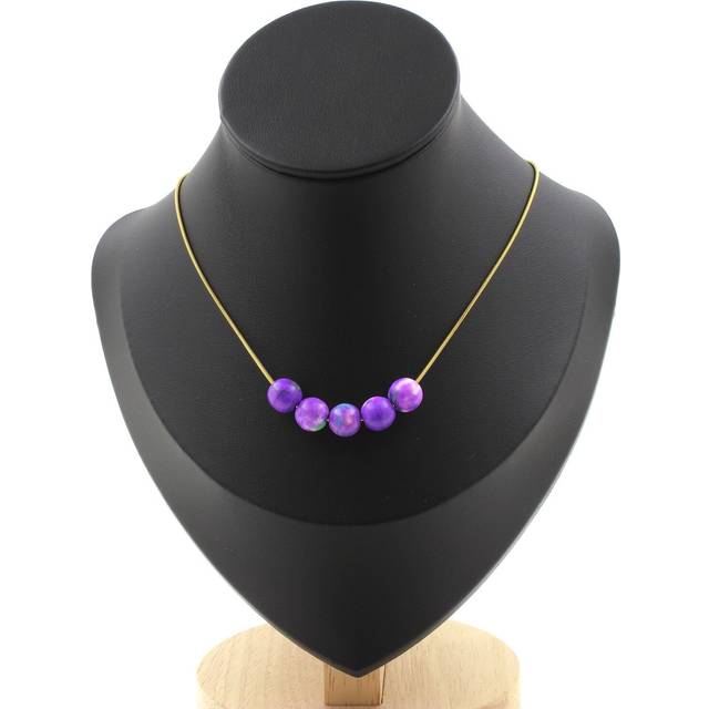 Necklace 5 Beads Jasper Purple Blue 8 Mm. Chain Steel Golden Necklace Women, H