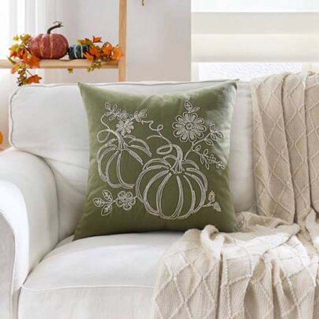 SHEIN 1pc Thanksgiving Green Hollow Pumpkin Embroidered Throw Pillow Cover, 17.7*17.7inch, Suitable For Indoor Decor, Harvest Festival Decorative Cushion Co