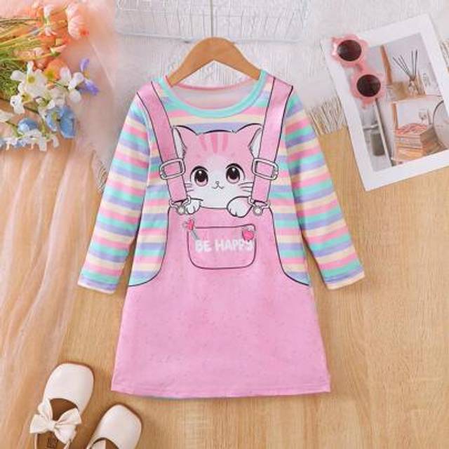 SHEIN Young Girls Cute Suspender Cat Print Striped T-Shirt Dress Casual Long Sleeve Dress