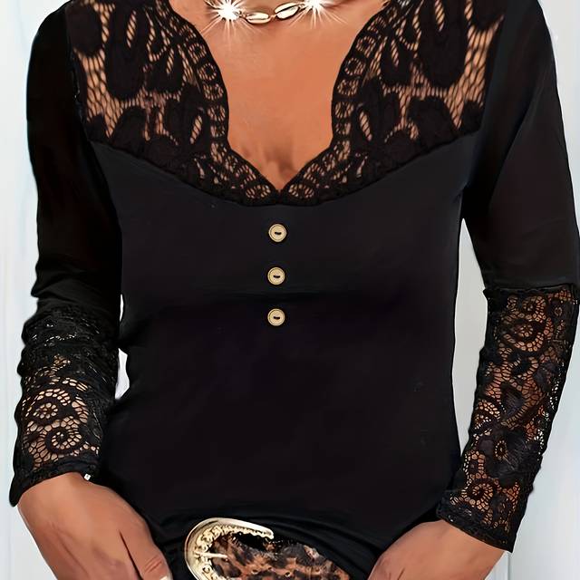 TEMU 2023 New Women's Elegant V-neck Long Sleeve Blouse - Contrast Lace Trim, Solid Black, Machine Washable, Spring/fall Office & Casual Top, Long Sleeves