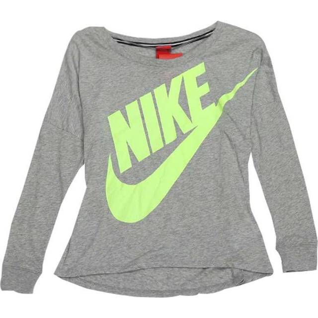 Nike Swoosh Boat Neck Fluorescent Print Large Logo Long Sleeve T-Shirt Women T-Shirts Gray 545464-064 S