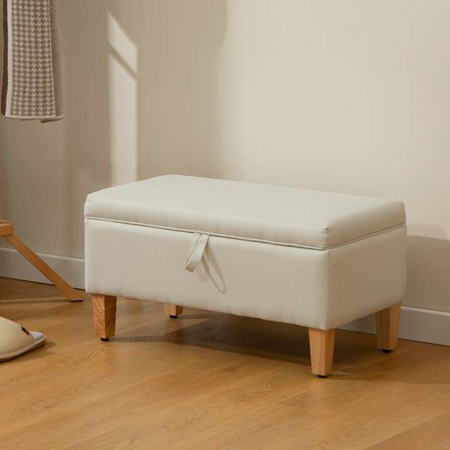 HOMCOM Linen Storage Ottoman Storage Box with Rubberwood Legs, Beige, Yellow
