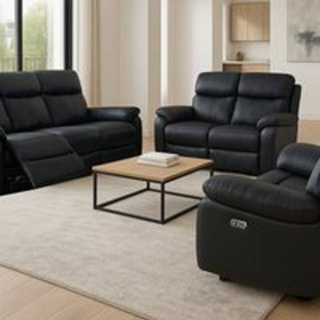 Aspire Kingsmere 3 + 2 + 1 Power Recliner Sofa Suite In Real Leather, Black - One Size