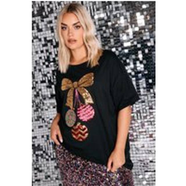 Yours Curve Black Sequin Embellished Christmas Bauble Tshirt, Women's Curve & Plus Size, Yours - Purple - 30-32