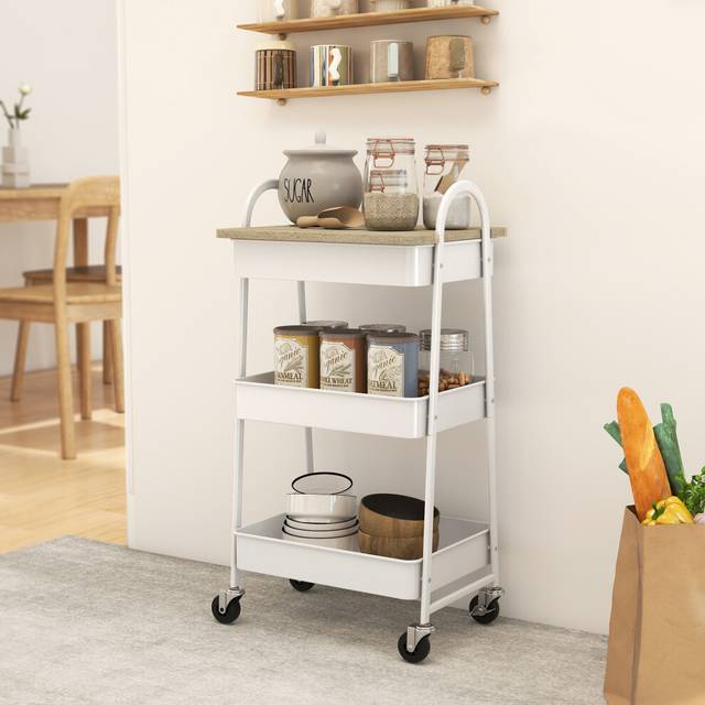 (White) HOMCOM Rolling Utility Cart with Mesh Baskets for Kitchen