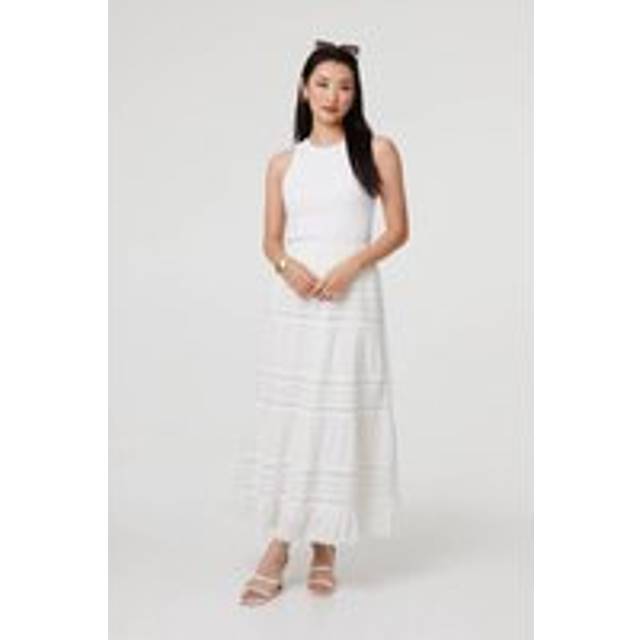 Izabel London High Waist Lace Trim Tiered Maxi Skirt In White - 12