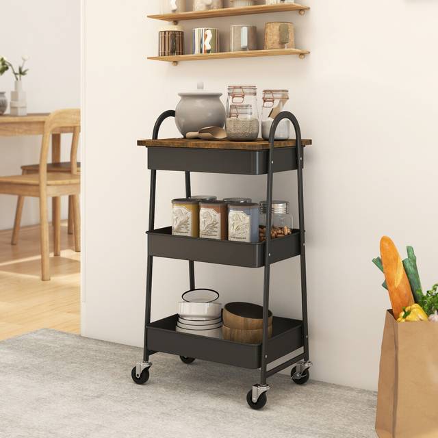 Homcom 3-Tier Storage Trolley On Wheels With Cover Top Board Mesh Baskets In Brown - One Size