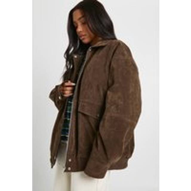 Womens Oversized Faux Suede Jacket - Brown - 12, Brown