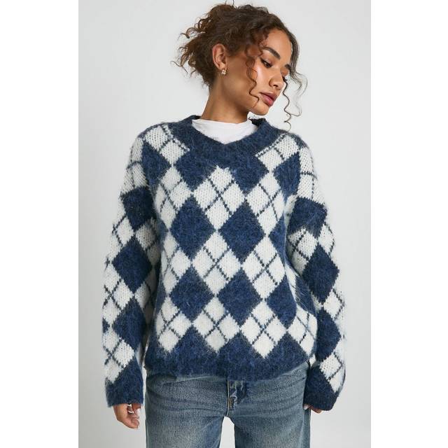 Womens Premium Super Soft Brushed Knit V Neck Argyle Oversized Jumper - Navy - M, Navy
