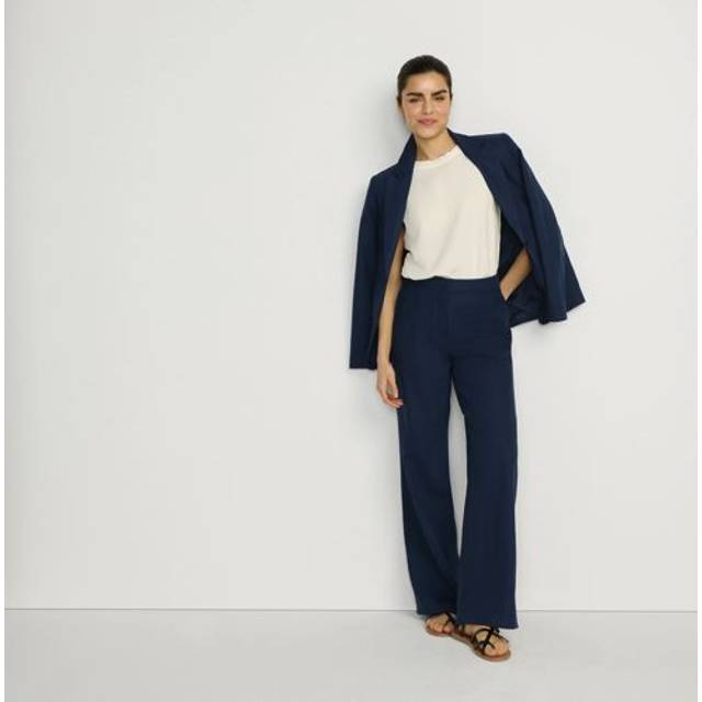 Wide Leg Linen Blend Trousers - Navy - 16