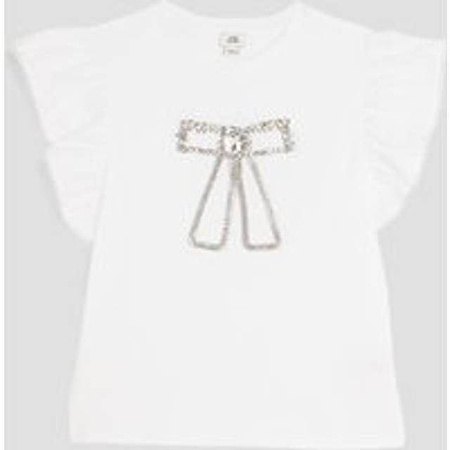 River Island Girls White Frill Bow Embellished T-Shirt - 9-10 Yrs