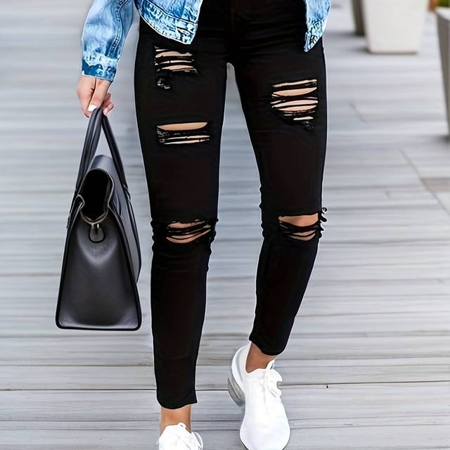 TEMU Women's Stretch Ripped Skinny Jeans - Casual Distressed Denim With Mid-rise Waist, Fit, Machine Washable - Black