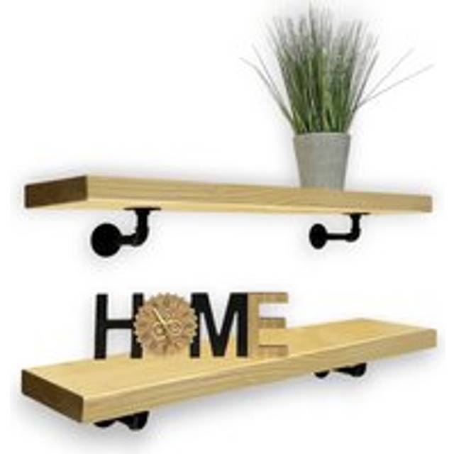 2x Industrial Pipe Bracket Wooden Floating Shelves, Rustic Wall Decor (Antique Pine, 140cm) - Bright Yellow - 2 Pack