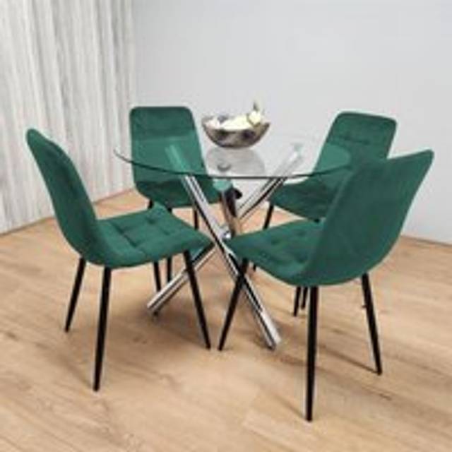 Kosy Koala Round Glass Dining Table With 4 Green  Velvet  Chairs Dining Set - One Size