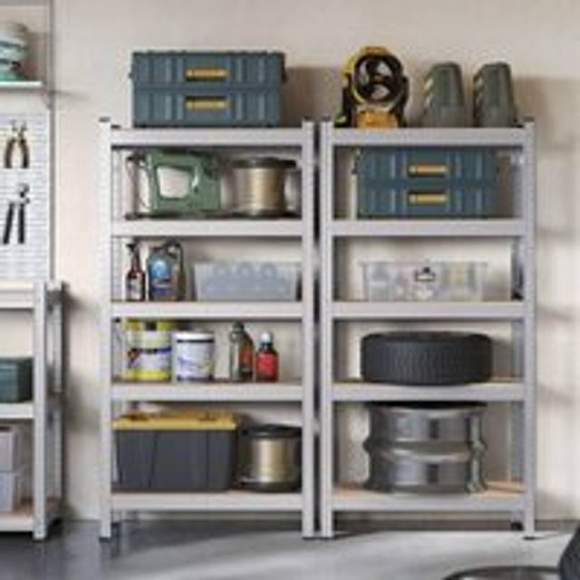 Set of 2 Garage Shelving Units with 5 Adjustable Shelves - Silver - One Size