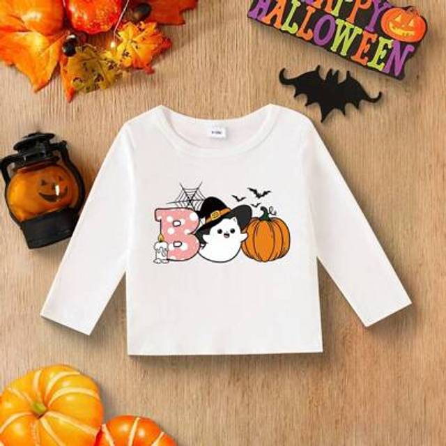 SHEIN Baby Girl Halloween Spooky Pumpkin & Letter Print Long Sleeve T-Shirt, Fall/Winter