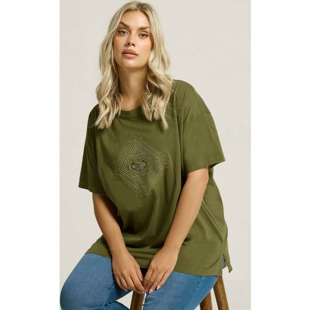 Yours Curve Green Embroidered Boho Diamond Oversized Tshirt, Women's Curve & Plus Size, Yours - 18