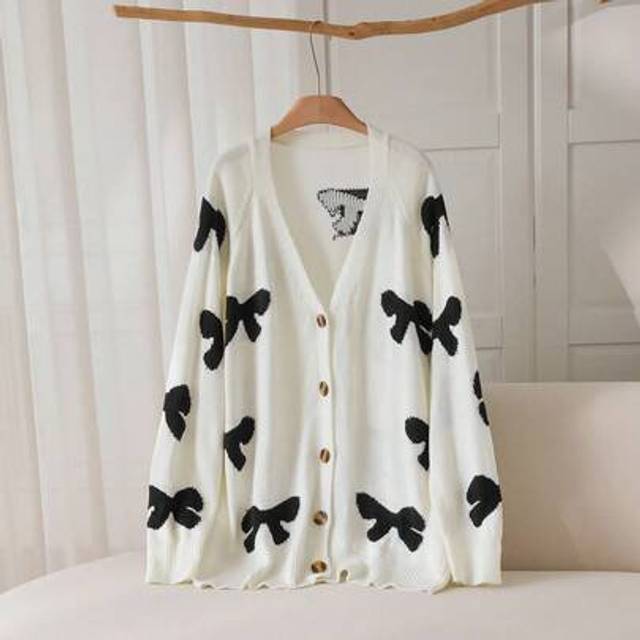 SHEIN Women&#39;s Plus Size Bow Knitted Cardigan, V-Neck Long Sleeve Bow Sweater Cardigan, Casual Everyday Wear, Winter