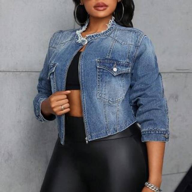 SHEIN Plus Size Women&#39;s Spring Autumn Patchwork Frayed Hem Long Sleeve Casual Denim Jacket