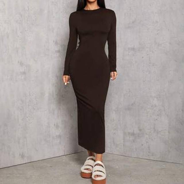 SHEIN Solid Color Pleated Waist Black Long Sleeve Dress